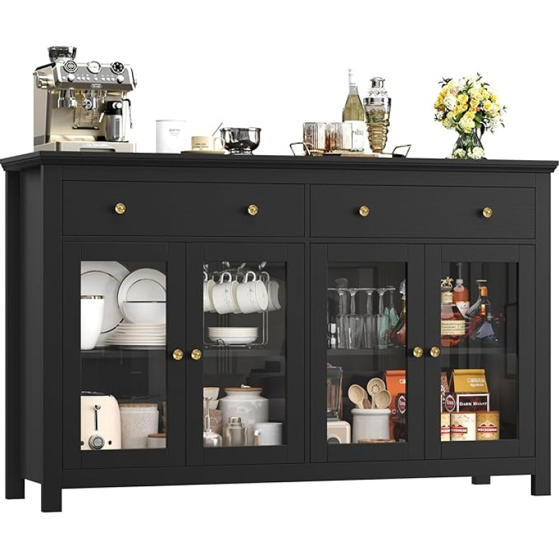 FirFurd Sideboard 140 cm Wide Kitchen Cabinet with Worktop Sideboard for Kitchen Living Room Buffet Cabinet with 2 Drawers and 4 Glass Doors Kitchen Buffet with Adjustable Shelf 140 x 90.7 x 40 cm