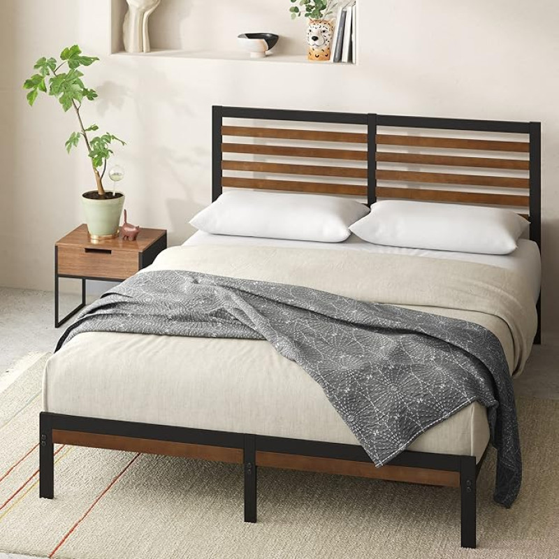 ZINUS Kai Double Bed Frame - Bed 135 x 190 cm - 23 cm Height - Bamboo and Metal Bed Frame with Steel Slat Support - Brown and Black