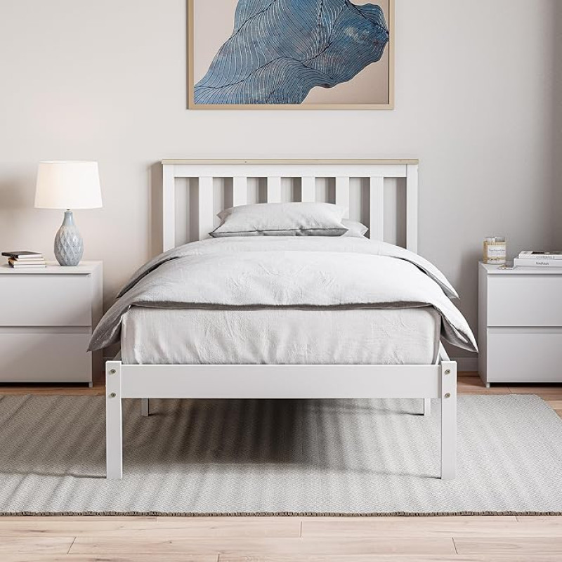Vida Designs Milan 3ft Single Bed Frame Solid Pine Headboard Low Foot End Bedroom Furniture White & Pine