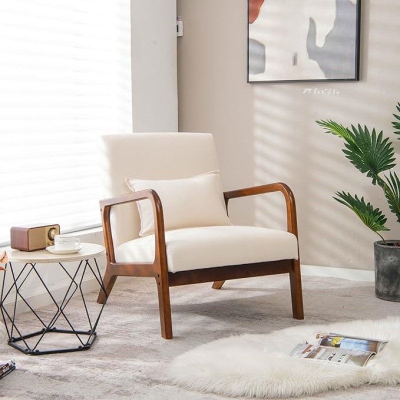 GORELAX Mid Century Modern Accent Chair, Upholstered Lounge Chair with Wooden Frame and Lumbar Cushion, Comfortable Reading Chair for Living Room, Bedroom, Office (1, Beige)