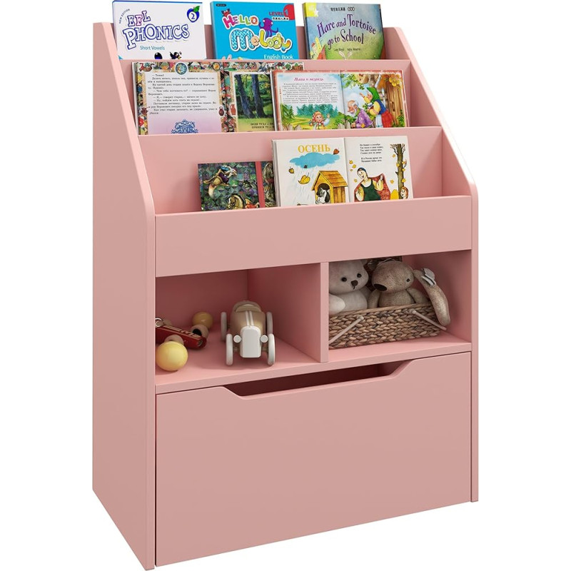 HOMCOM Children's Wooden Book Shelf with 3 Compartments, 2 Cubes and Mobile Drawer with 4 Wheels, Children's Book Shelf for Children's Room, Playroom, 60 x 29.9 x 90 cm, Pink
