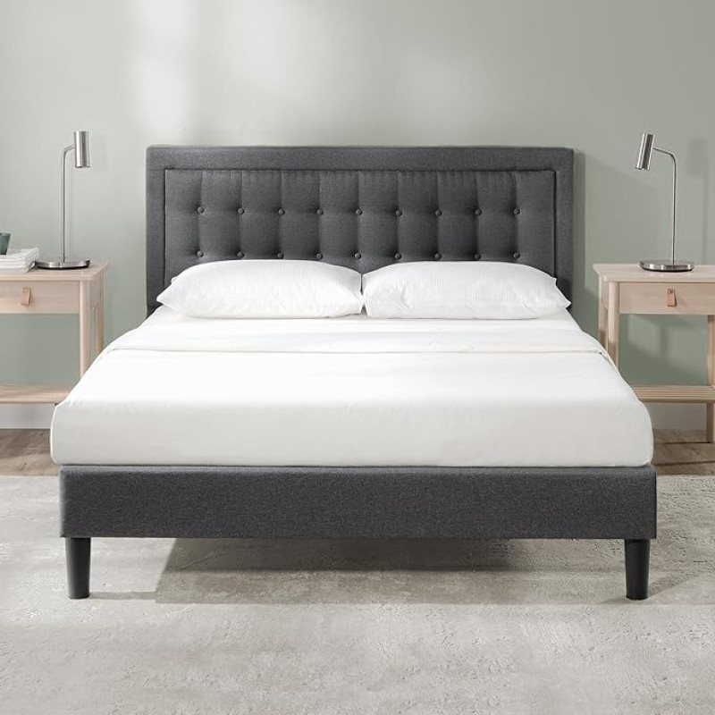 Zinus Dachelle Bed 140 x 190 cm Height Bed Frame 35 cm Padded Platform Bed Frame with Wooden Slat Holder Grey