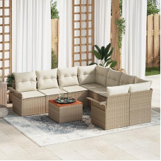 Rantry 9-teiliges Garten Sofa Set mit Kissen Beige Poly Rattan Akazie, 2-Sitzer Garten Sofa mit Stauraum & Kissen Beige Poly Rattan Gartenlounge Model3355978