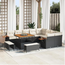 Rantry 12-teiliges Garten Sofa Set mit Kissen Schwarz Poly-Rattan Akazie, 3-teiliges Garten Esstisch Set mit Kissen Schwarz Poly-Rattan Akazie Gartenlounge Model3363205