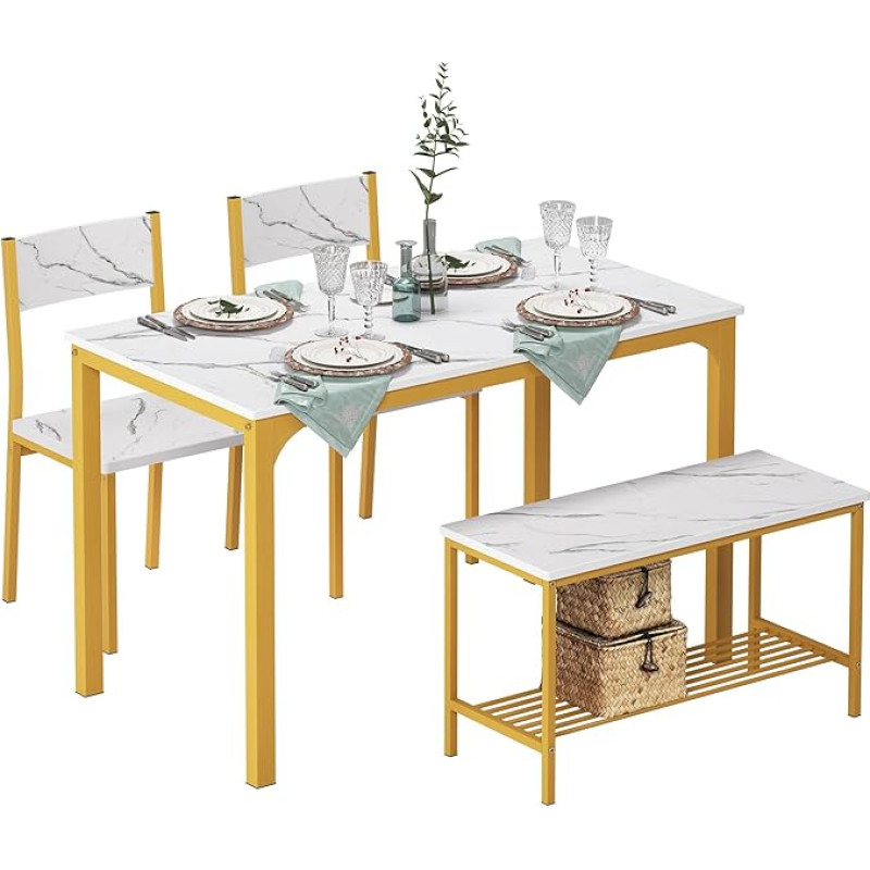 SogesPower Dining Table Set for 4, Kitchen Dining Table Set with 2 Chairs and 1 Bench, 4-Piece Kitchen Table Set for Dining Room, Restaurant, Small Space, Gold