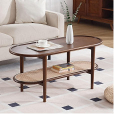 Ya-Home Wooden Living Room Table with Rattan Shelf, Coffee Table, Side Table, Cocktail Snack, Tea Centre Table for Living Room/Office, Brown