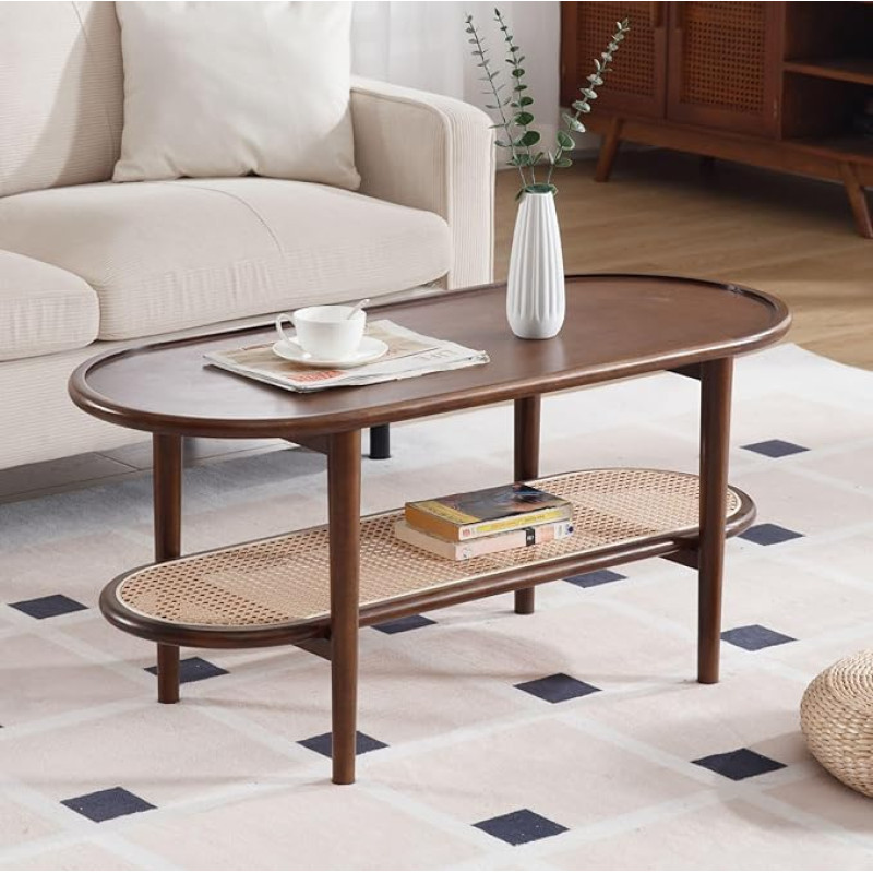Ya-Home Wooden Living Room Table with Rattan Shelf, Coffee Table, Side Table, Cocktail Snack, Tea Centre Table for Living Room/Office, Brown