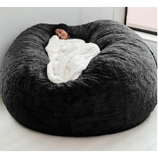 Giant Fur Bean Bag Chair Cover for Kids Adults (No Filler) Living Room Furniture Large Round Soft Fluffy Faux Fur Bean Bag Lazy Sofa Bed Cover (Black, 1.5m)