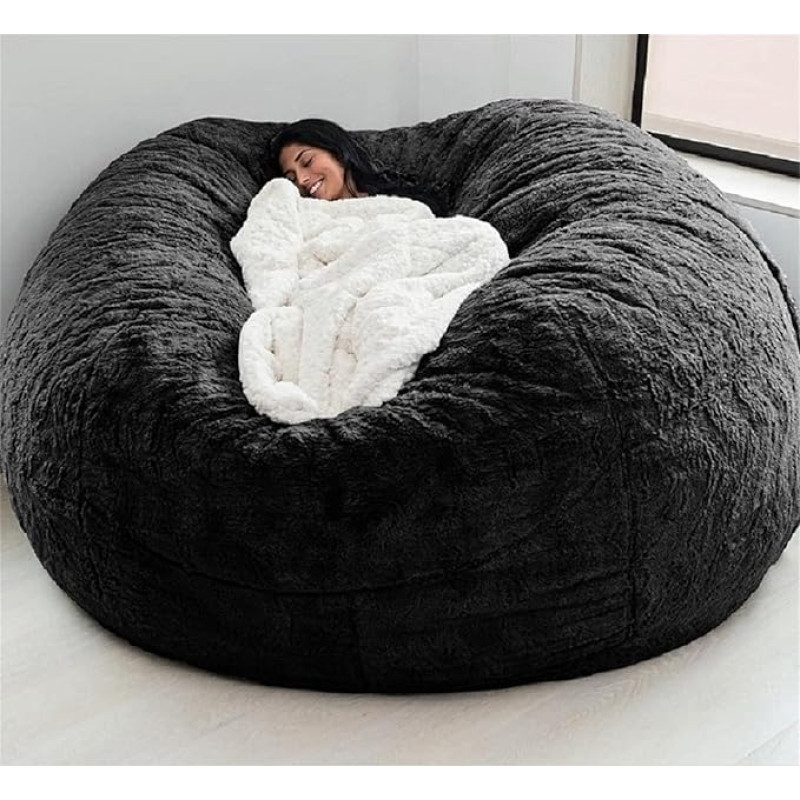 Giant Fur Bean Bag Chair Cover for Kids Adults (No Filler) Living Room Furniture Large Round Soft Fluffy Faux Fur Bean Bag Lazy Sofa Bed Cover (Black, 1.5m)