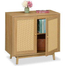 Relaxdays Sideboard, 2 Compartments, Rattan & Wood Look, H x W x D: 75 x 80 x 40 cm, Living Room, Kitchen, Side Cabinet, Natural
