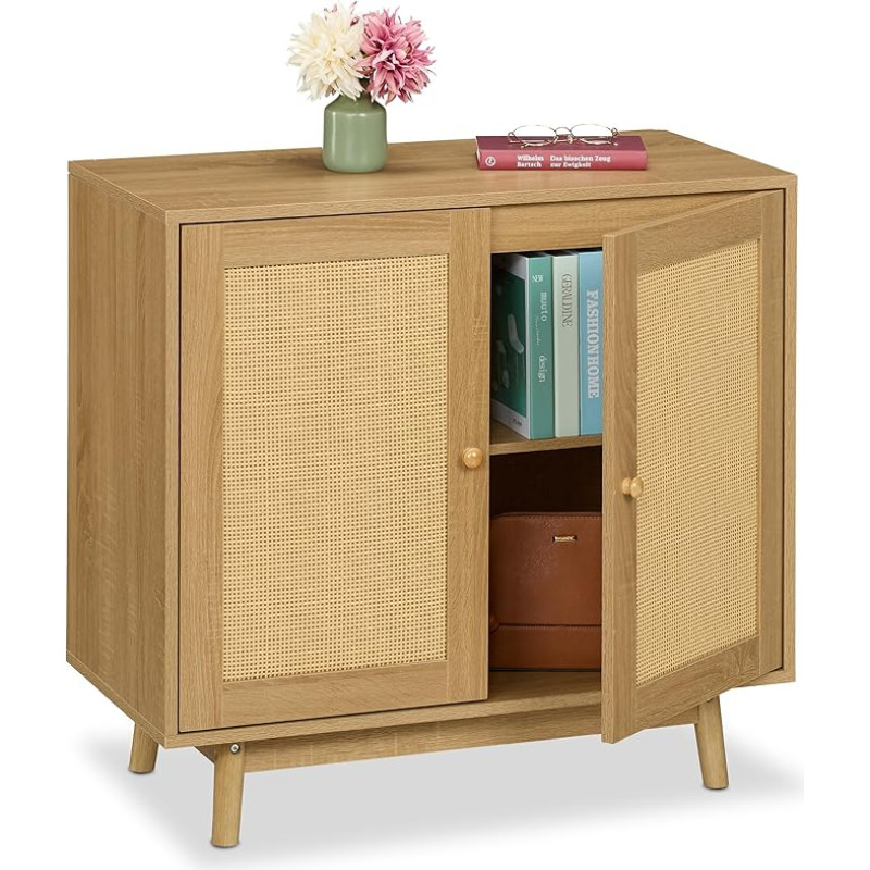 Relaxdays Sideboard, 2 Compartments, Rattan & Wood Look, H x W x D: 75 x 80 x 40 cm, Living Room, Kitchen, Side Cabinet, Natural