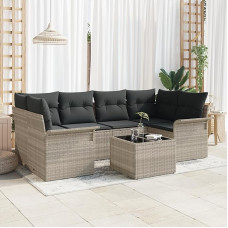 Rantry 7-teiliges Garten-Sofa-Set mit Kissen Hellgrau Poly-Rattan, 2-Sitzer Garten-Sofa mit Stauraum & Kissen Hellgrau Poly-Rattan Gartenlounge Model3353931