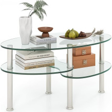 GIANTEX Tempered Glass Coffee Table, Oval Side Table with 3 Glass Shelves & Stainless Steel Legs with Foot Pads, Elegant Living Room Table for Office & Home, 89 × 49 × 45 cm (Transparent)