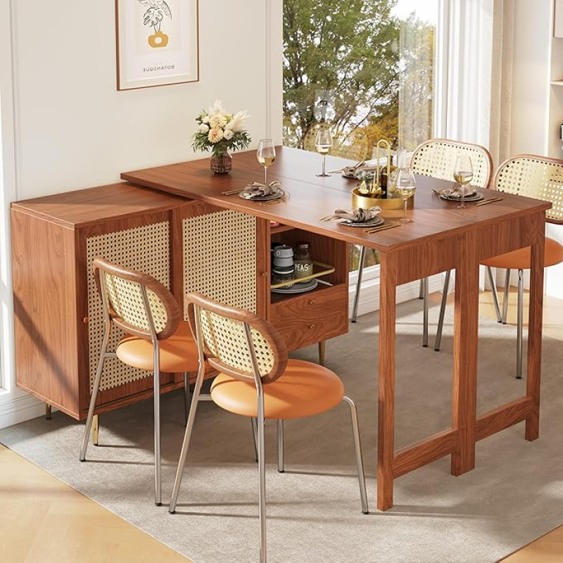 YESGIGA 360° Rotating Standing Table, Extendable Design Standing Table, Storage Cabinet with Rattan Door + Open Storage Shelf, Suitable for Kitchen and Dining Room (Brown)