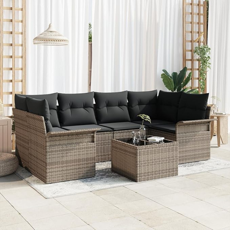 Rantry 7-teiliges Garten-Sofa-Set mit Kissen Grau Poly Rattan, 2-Sitzer Garten-Sofa mit Stauraum & Kissen Grau Poly Rattan Gartenlounge Model3353928