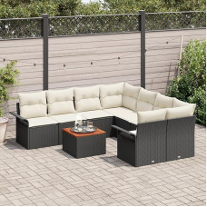 Rantry 9-teiliges Garten-Sofa-Set mit Kissen Schwarz Poly Rattan Akazie, 2-Sitzer Garten-Sofa mit Stauraum & Kissen Schwarz Poly Rattan Gartenlounge Model3355975