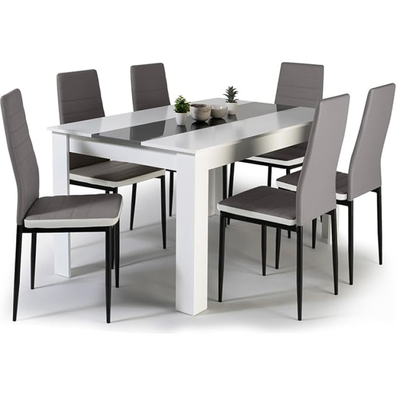 IDMarket Georgia Dining Set 140cm White and Grey and 6 Grey Novels Chairs with White Piping