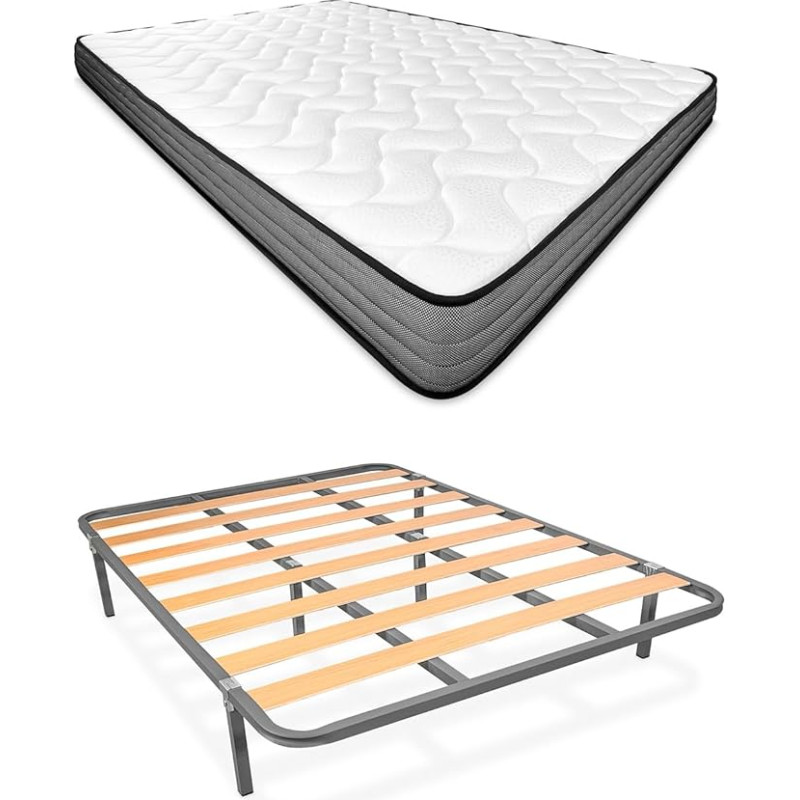 Homey Andrea Complete Bed with Mattress (Winter/Summer) + Basic Slatted Frame with 6 Legs, 135 x 190 cm, Alloy Steel, Grey, 135 x 190 cm
