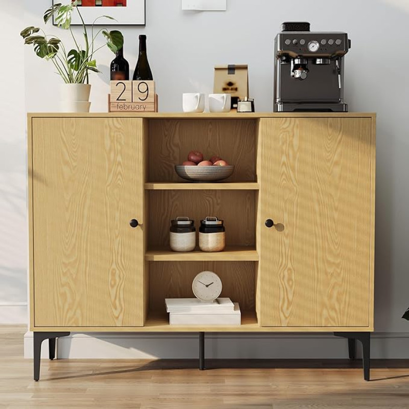 SUNXURY Sideboard 120 x 35 x 93 cm, Kitchen Cabinet, Storage Cabinet with 2 Doors, 7 Compartments and Metal Legs, Multi-Purpose Cabinet for Living Room, Bedroom, Hallway, Classic Design, Oak Look