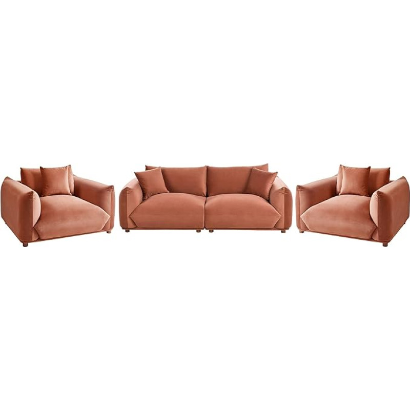 Luvos Sofa Set Velvet Golden Brown Padded 3-Seater Sofa and 2 Armchairs