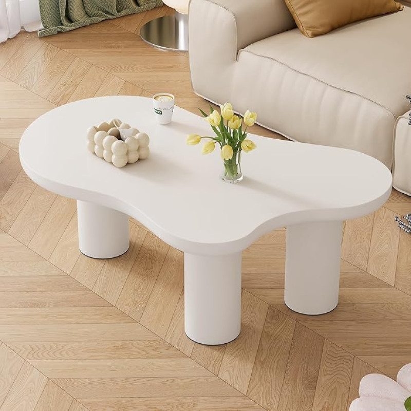 Merax Irregular Modern Living Room Table in Cloud Shape, Elegant Sofa Table, Coffee Table, MDF Table Top, Legs with Felt Base, Side Table for Office, Bedroom, 107 x 66 x 40.5 cm, White