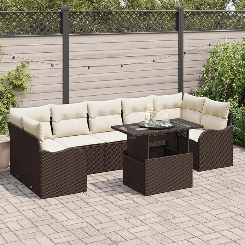 Rantry 8-teiliges Garten-Sofa-Set mit Kissen Braun Poly-Rattan, 2-Sitzer Garten-Sofa mit Kissen Braun Poly-Rattan Gartenlounge Model3348414
