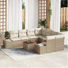 Rantry 9-teiliges Garten-Sofa-Set mit Kissen Beige Poly-Rattan Akazie Gartenlounge Model3356608