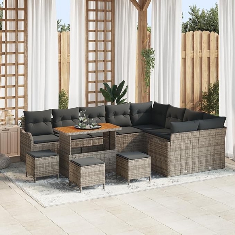 Rantry 13-teiliges Garten Sofa Set mit Kissen Grau Poly Rattan Akazie Gartenlounge Model3362313