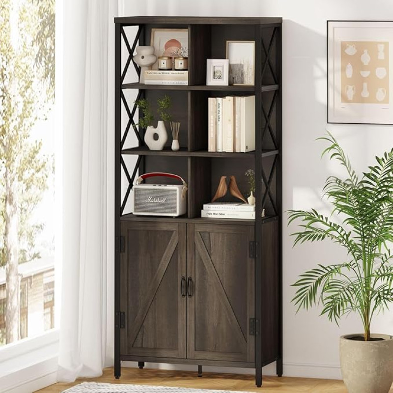 FATORRI Industrial Tall Bookcase, Rustic Bookcase with Doors, 6 Cubes Storage Organizer with Shelf for Living Room, Wood and Metal Bookcase for Home Office (Walnut Brown)