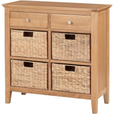 Hallowood Furniture Hereford Storage Unit with Baskets, Solid Wood Small Sideboard with 4 Wicker Baskets and 2 Drawers, Oak Console Table for Living Room, Bedroom, Hallway, Furniture