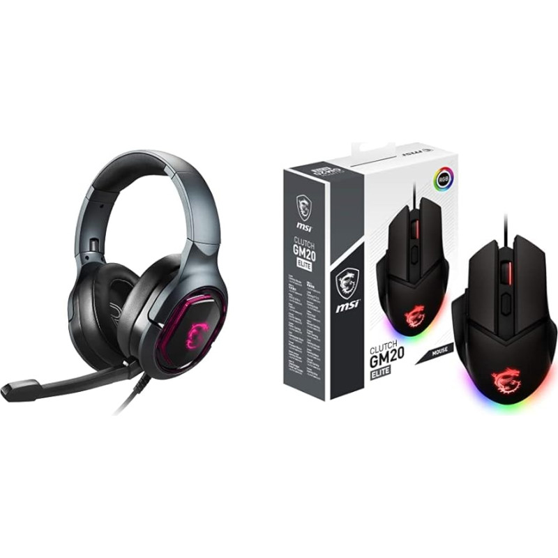 MSI IMMERSE GH50 Gaming Headset - kõrvaklapid 7.1 Virtual Surround Sound & Clutch GM20 Elite Gaming Mouse - 6 400 DPI optiline sensor, paremakäeline, 20Mio+ Click Omroni lülitid