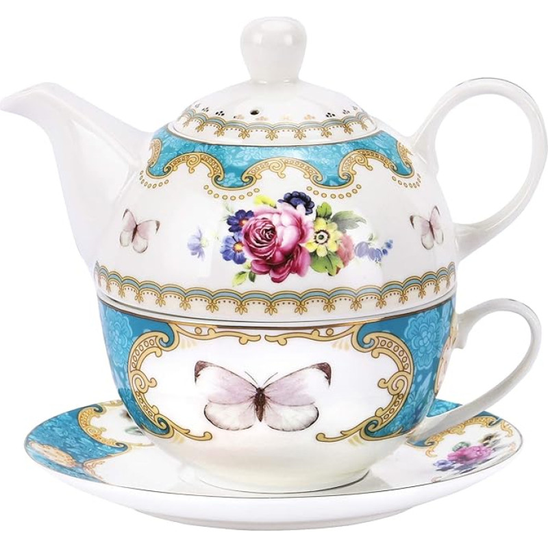 fanquare Vintage Rose Flower Tea for One komplekt, türkiisist portselanist kohvitassi komplekt teekannu, tassi ja taldrikuga