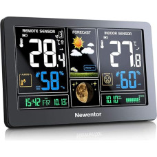 Newentor Wireless Weather Station with Outdoor Sensor, Wireless Weather Station with Weather Forecast, Temperature Warning, DCF Radio-Controlled Clock, Battery Operated and Mains Operated, Black