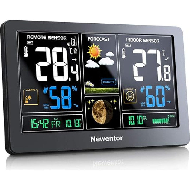 Newentor Wireless Weather Station with Outdoor Sensor, Wireless Weather Station with Weather Forecast, Temperature Warning, DCF Radio-Controlled Clock, Battery Operated and Mains Operated, Black