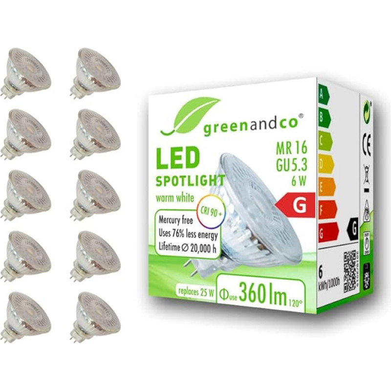 greenandco 10x CRI 90+ MR16 GU5.3 LED Spot | 6 W 360 lm | 3000 K Warm White | 110° | 12 V AC/DC | Not Dimmable