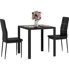 HOMCOM Dining Table with 2 Chairs, Space-Saving Dining Room Set, Safety Glass Table Top, Faux Leather Kitchen Table Set for Dining Room, Kitchen, Black