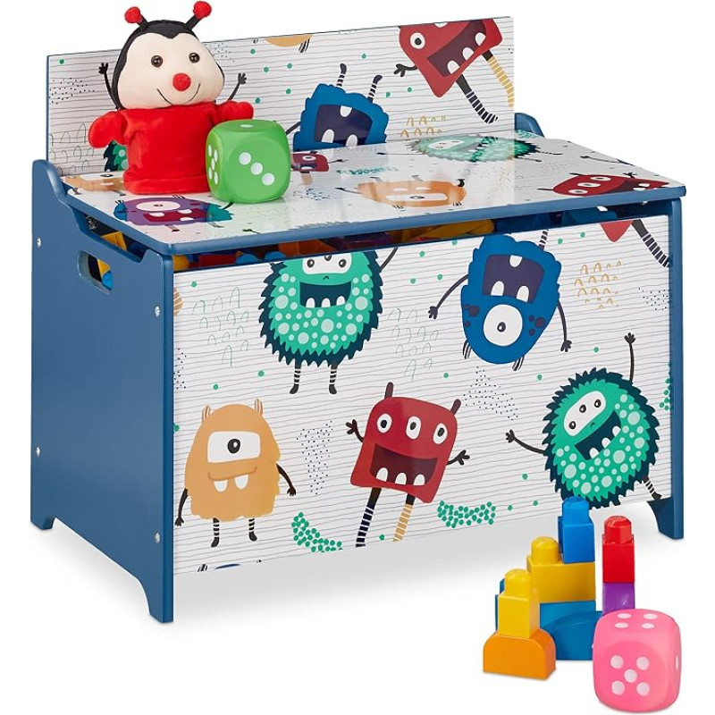 Relaxdays Toy Chest Monster Design Toy Box with Lid HBD 50 x 60 x 36.5 cm MDF Toy Box Blue/White