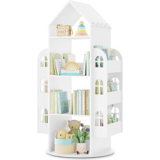WOLTU Children's Rotating Bookcase, Children's Bookcase, with 4 Levels, 2 Side Shelves, House Shape, 63 x 125 x 59 cm, White