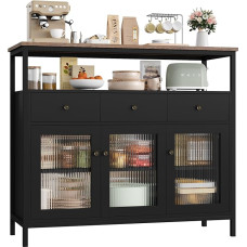 FirFurd Sideboard Kitchen Cabinet with Worktop & 3 Drawers & 3 Glass Doors, Buffet Cabinet Chest of Drawers Coffee Bar Multi-Purpose Cabinet Sideboard for Living Room Kitchen Dining Room 108 x 38 x