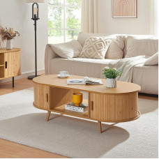 [en.casa] Nordkapp Coffee Table with 2 Sliding Doors Bamboo Sofa Table with Storage Space Coffee Table Wooden Legs 120 x 55 x 40 cm