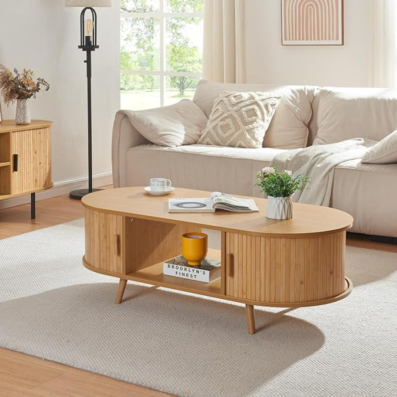 [en.casa] Nordkapp Coffee Table with 2 Sliding Doors Bamboo Sofa Table with Storage Space Coffee Table Wooden Legs 120 x 55 x 40 cm