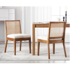 DAYALANE Dining Room Chairs Set of 2 Chairs with Rattan Backrest Dining Chairs Made of Linen Seat, Solid Wood Kitchen Chairs Scandinavian Style for Dining Room/Restaurant, Beige