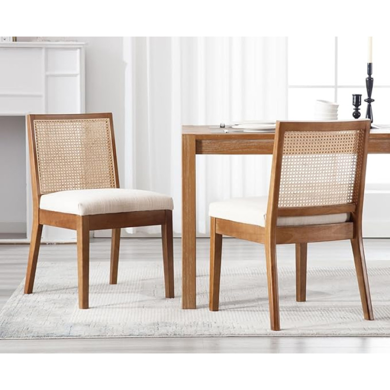 DAYALANE Dining Room Chairs Set of 2 Chairs with Rattan Backrest Dining Chairs Made of Linen Seat, Solid Wood Kitchen Chairs Scandinavian Style for Dining Room/Restaurant, Beige