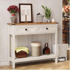 Trironsun Country House Console Table with 2 Drawers for Hallway, Rustic Sofa Table with Open Shelf, Wooden Frame Hallway Table for Bedroom and Living Room (Antique White)