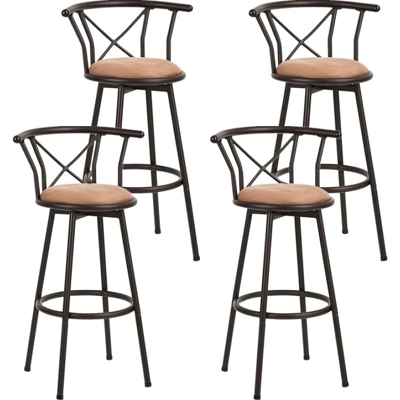 MEUBLE COSY Set of 4 Bar Stools Swivel 75.5 cm High Swivel Chairs with Footrest Backrest and Suede Seat for Dining Room Kitchen Counter Bar Industrial Style Brown