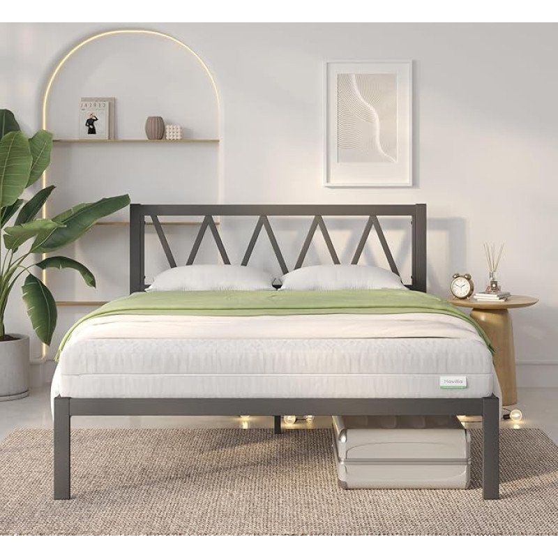 Novilla Bettgestell 140 x 190 cm, Bettrahmen mit Lattenrost, Bettgestelle mit Kopfteil-Design, Doppelbettgestell, Stauraum unter dem Bett, Schwarz