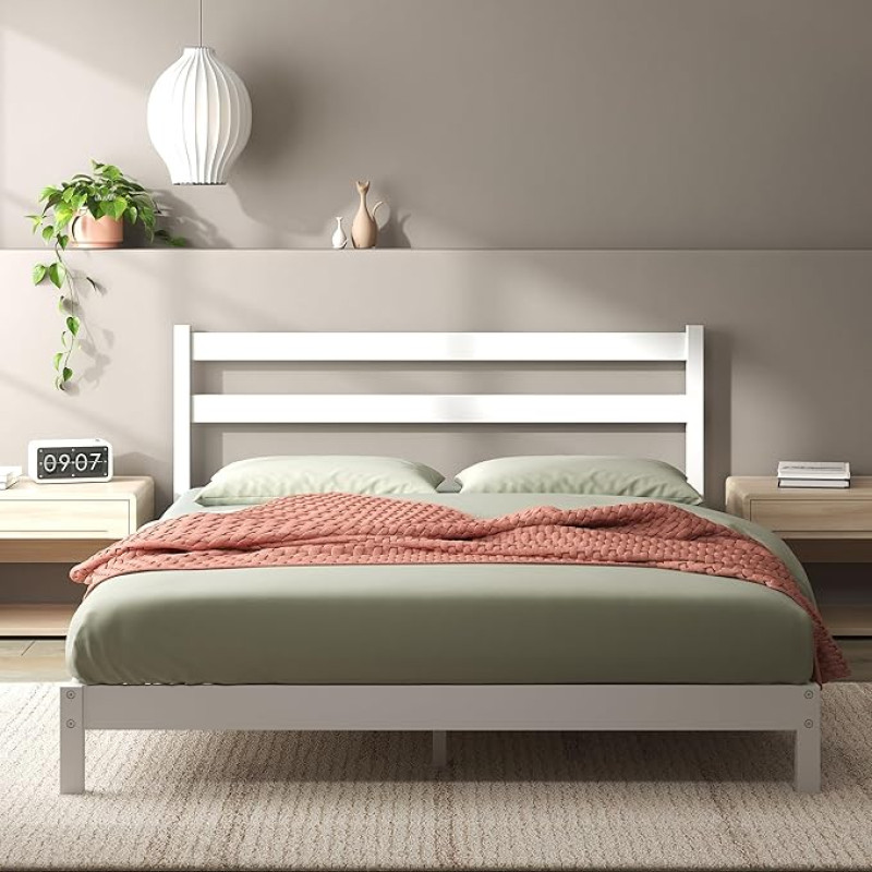 Zinus Robin Bed 140 x 200 cm - Height 20 cm - Sustainable Bamboo Platform Bed Frame with Headboard - White
