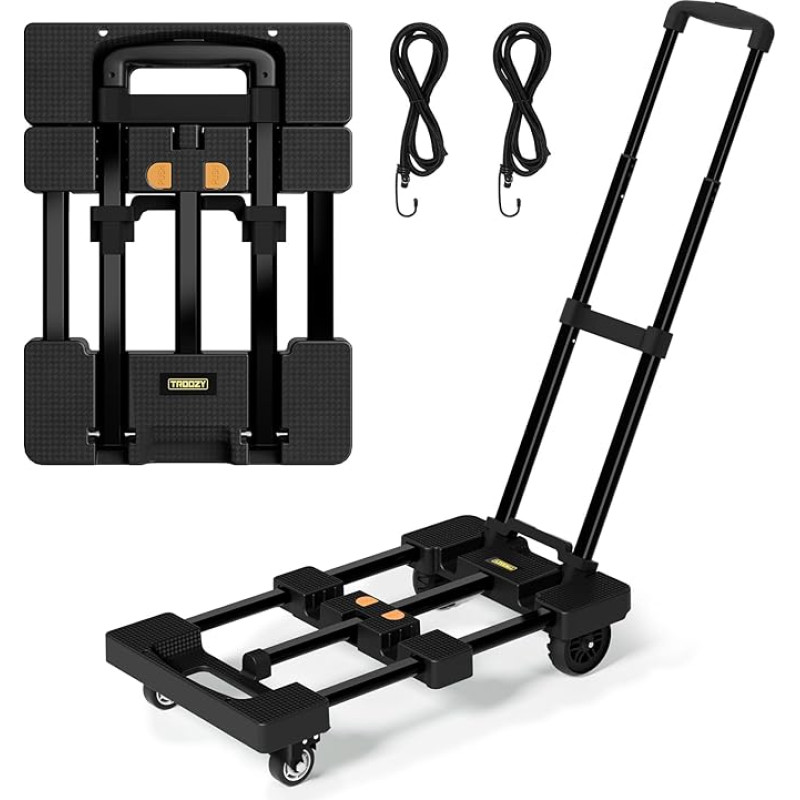 TROOZY Foldable Sack Truck, Max Extendable Trolley with 6 Wheels (2 with Brake) and 2 Elastic Ropes, 500 Lb, Utility Cart for Daily Work, Grocery Shopping, Garden, Luggage and