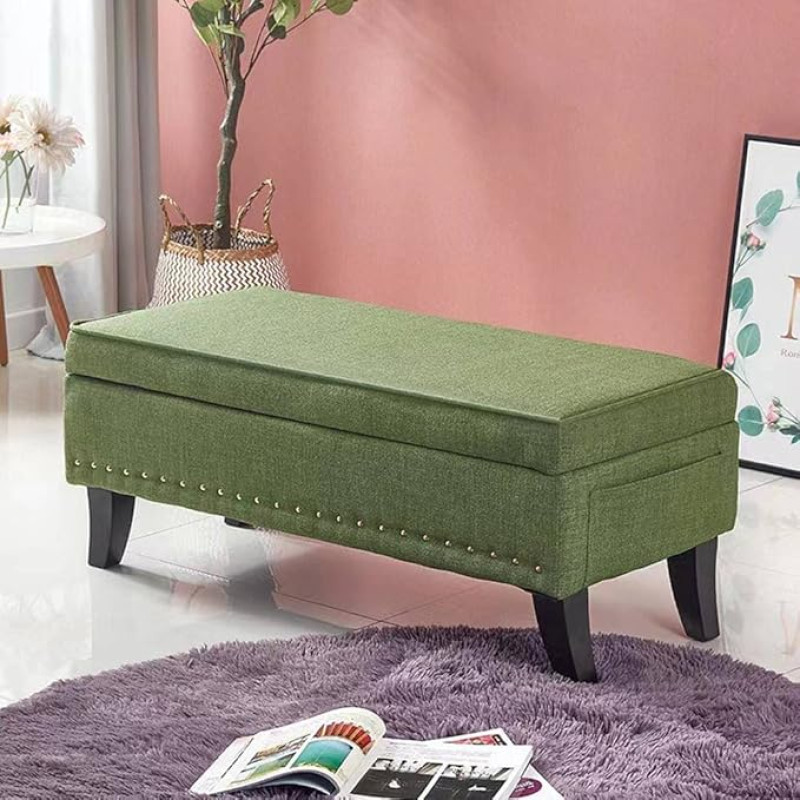 BAKAJI Bench with Storage for Footrest, Bedroom, Fabric Cover, Rectangular, Soft, Spacious, Sofa Storage, Wood, Spacious, 80 x 45 cm (Green)
