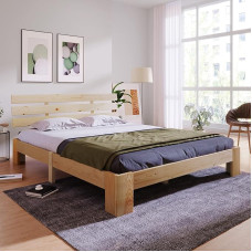 Merax Solid Wood Bed Wooden Bed Double Bed Frame with Headboard and Slatted Base 140 x 200 cm Wooden Slat Support Under Bed Storage Bedroom Furniture Oak
